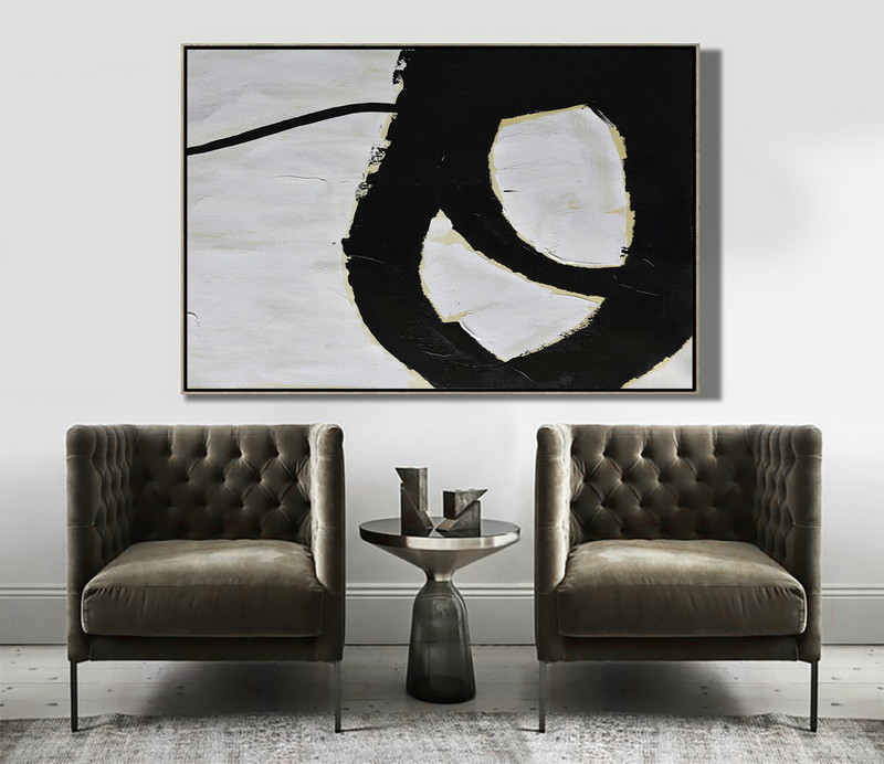 Large Oil Canvas Art,Horizontal Palette Knife Minimal Canvas Art Painting Black White Beige - Acrylic Painting Wall Art